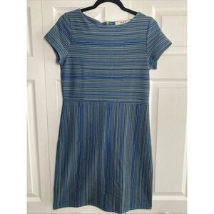 Sade Womens 6 Shift Dress Blue Green Striped Textured Career Short Sleeve Shift